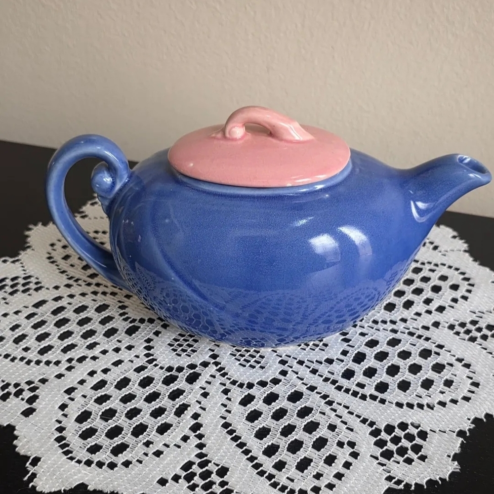 Vintage MCM Blue Ceramic Teapot with Pink Lid
